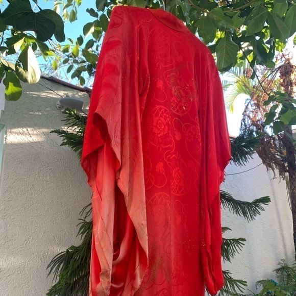Vtg Kimono Handcrafted Daisy Floral Embroidery | Red Jacquard Print | One Size - Picture 9 of 16